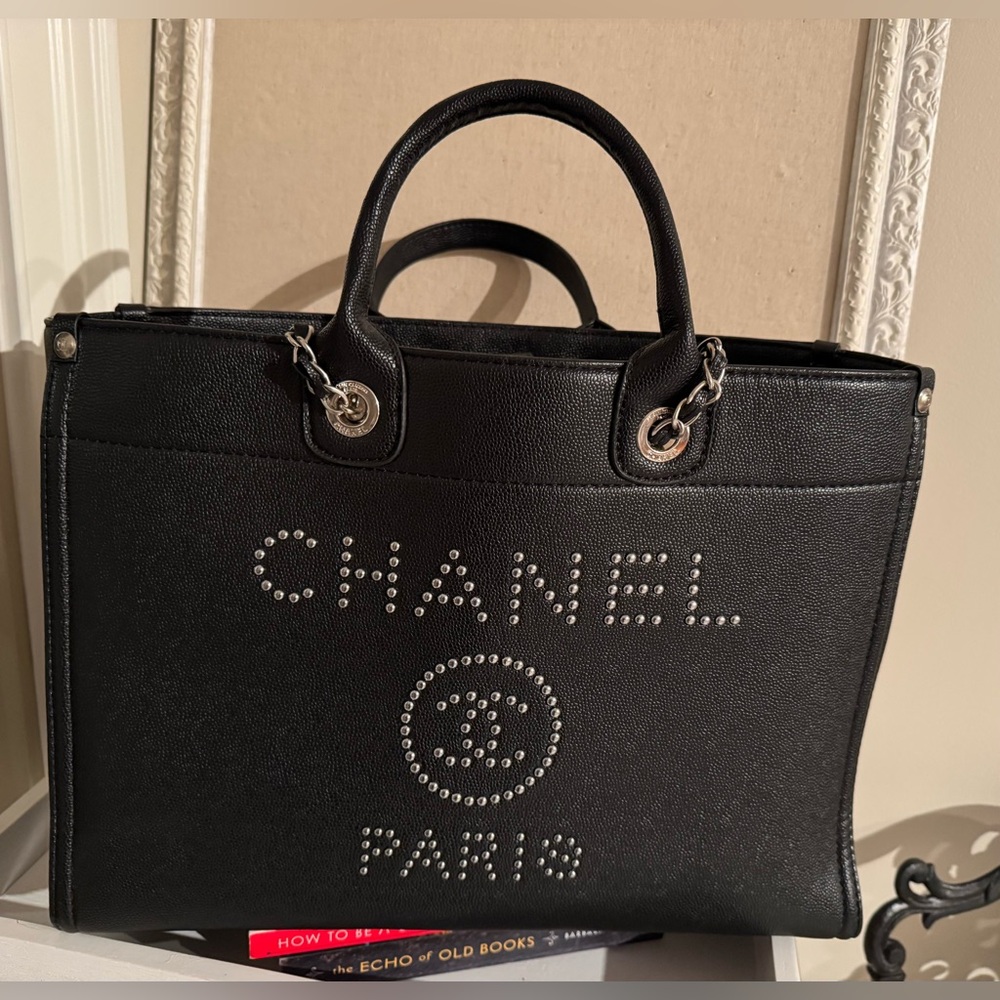 FAUX leather Black Tote with Silver Details